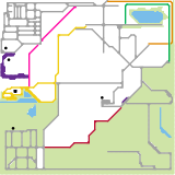 Imaginary place (Colored is bus routes, non coloured is mostly roads. Colored is transitways. (unknown)